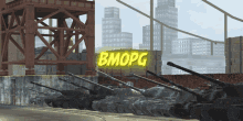 a bunch of tanks are lined up in front of a building that says bmorg
