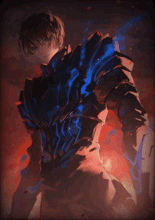 a drawing of a man with blue armor on his back