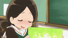a cartoon girl with her eyes closed holding a piece of paper