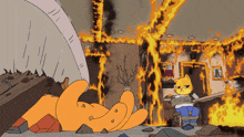 a cartoon of a cat tied up in a fire