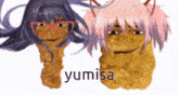 a fried chicken and a girl with glasses with yumisa written on the bottom