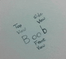 a white piece of paper has the words top view side view boob front view written on it