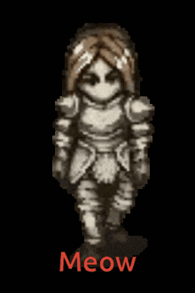 a pixel art drawing of a knight with the word meow below him