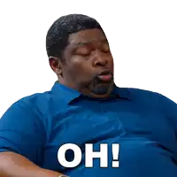 a man in a blue shirt says oh in white