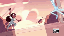 a cartoon of a girl holding a sword with cn on the bottom right