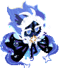 a pixel art drawing of a cat with blue hair and a star in its mouth .