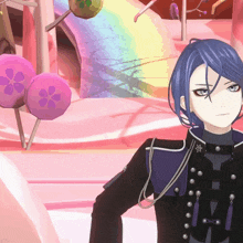 a girl with blue hair is standing in front of a rainbow