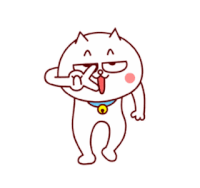a cartoon cat is making a peace sign with its tongue out .