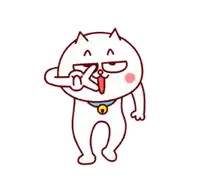 a cartoon cat is making a peace sign with its tongue out .