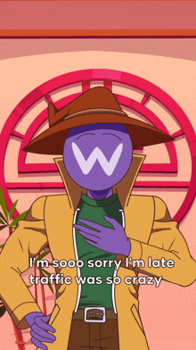 a cartoon character with the letter w on his head
