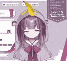 a girl with purple hair and a banana on her head has fallen shadow written on the bottom
