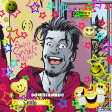 a cartoon of a man surrounded by smiley faces and stars with a sign that says have a smile on it