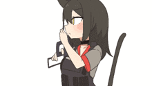 a drawing of a girl holding a gun with yellow eyes