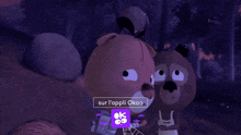 two cartoon characters are standing next to each other with the words sur l' appli okoo
