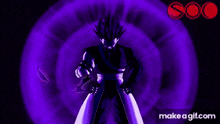 a cartoon character is standing in front of a purple background with a purple lightning bolt .