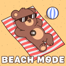 a teddy bear wearing sunglasses is laying on a beach towel with the words beach mode below him