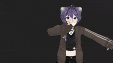 a girl with purple hair and horns is wearing a brown jacket and black crop top