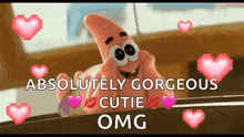 patrick star from spongebob squarepants is surrounded by pink hearts and kisses