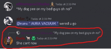 a screenshot of a discord conversation between aidan and doris about a dog peeing on a bed