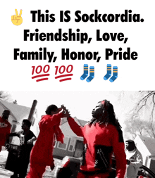 a poster that says this is sockcordia friendship love family honor pride 100 100