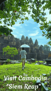 a man holding an umbrella walks through a lush green field with the words visit cambodia " siem reap " below him