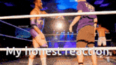a man in a purple shirt stands in a wrestling ring with the words my honest reaction