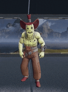 a cartoon character wearing a red cowboy hat and brown pants