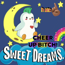 a penguin is sitting on a crescent moon with the words cheer up bitch sweet dreams below it
