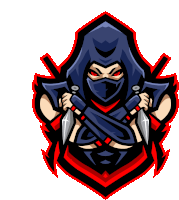 a ninja with red eyes is holding two daggers