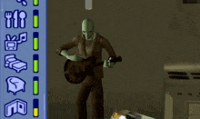 a video game screen shows a man playing a guitar in a dark room