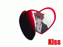 a picture of a boy and a girl in a heart shaped frame with the word kiss below them