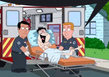 a cartoon of a man laying in an ambulance with two paramedics