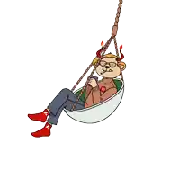 a cartoon of a monkey sitting on a swing with a sign that says " i love you " on it