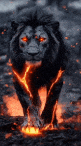 a lion with red eyes is walking through a field of lava .