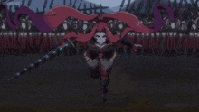 a woman with red hair is holding a sword in front of a crowd of people