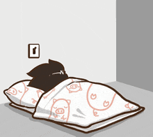 a black cat is laying on a bed with a blanket with pigs on it