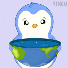 a penguin is holding a bowl of water with the word pengu written on the bottom