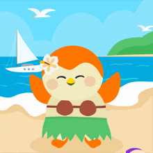 an illustration of a penguin wearing a hula skirt and sunglasses