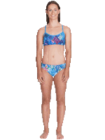 a woman in a blue bikini with a geometric pattern
