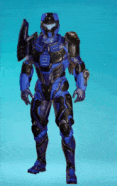 a blue and black futuristic soldier with a gun and shield