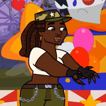 a cartoon of a woman wearing a camouflage hat