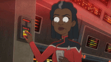 a cartoon of a woman in a star trek uniform pressing a button on a wall