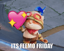 a cartoon character holding a pink heart and the words its feemo friday