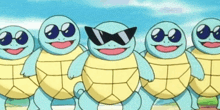 a group of cartoon turtles wearing sunglasses and smiling