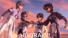 a group of cartoon characters standing next to each other with the words hooray in the corner