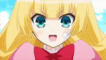 a girl with blonde hair and blue eyes is wearing a pink dress with a red bow