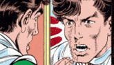 a comic book character is looking at himself in a mirror