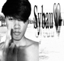 a black and white photo of a shirtless man giving the middle finger