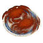 a red and blue swirl on a white background with a white circle in the middle