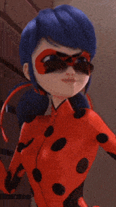 ladybug from miraculous ladybug is wearing sunglasses and a red suit with black dots .